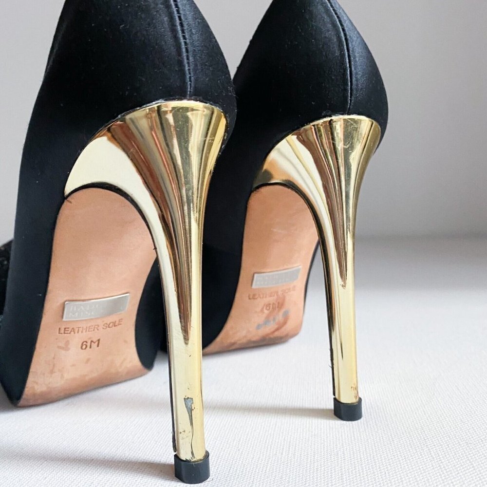 Badgley Mischka Black Satin Bow Detail Peep Toe Heels 6M - Picture 7 of 11